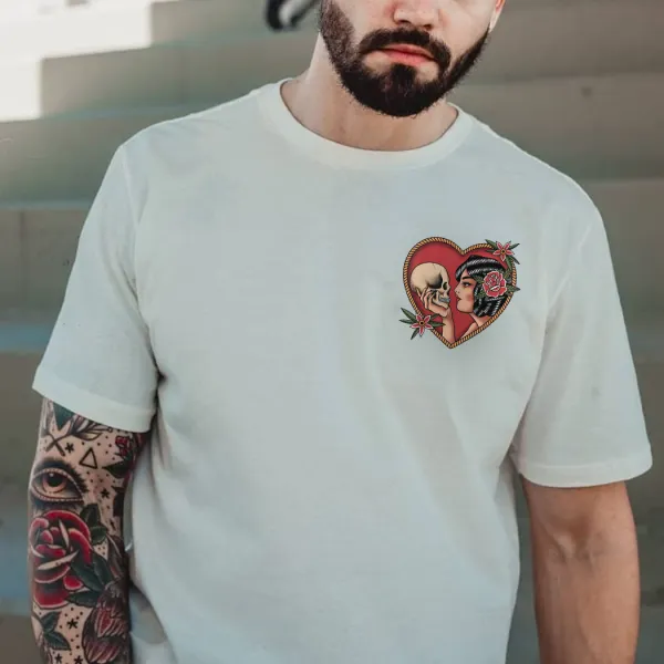 Retro Brunette Woman And Skull Print T-shirt