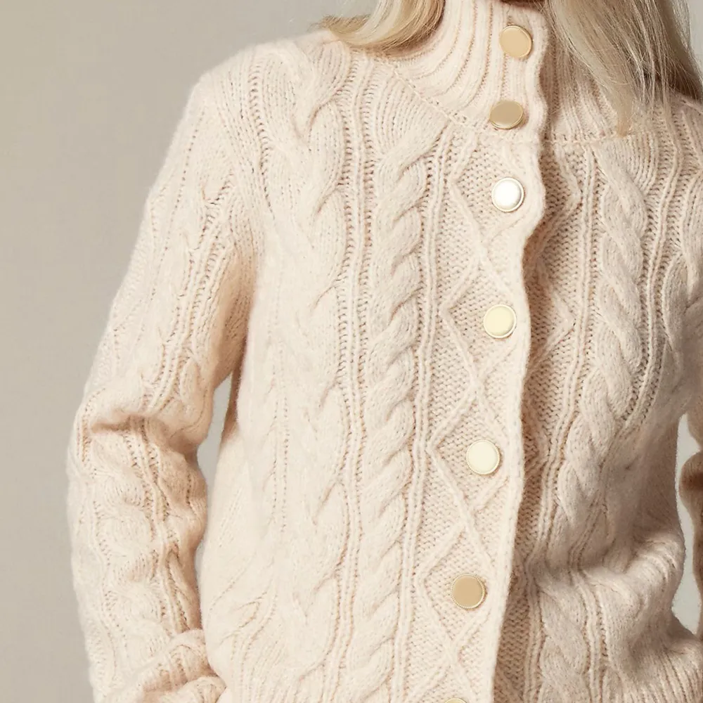 Cable-knit turtleneck cardigan sweater