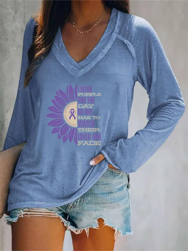 Women'S I Wear Purple For The Day No One Has To Watch Their Loved One Fade V-Neck Long-Sleeved T-Shirt