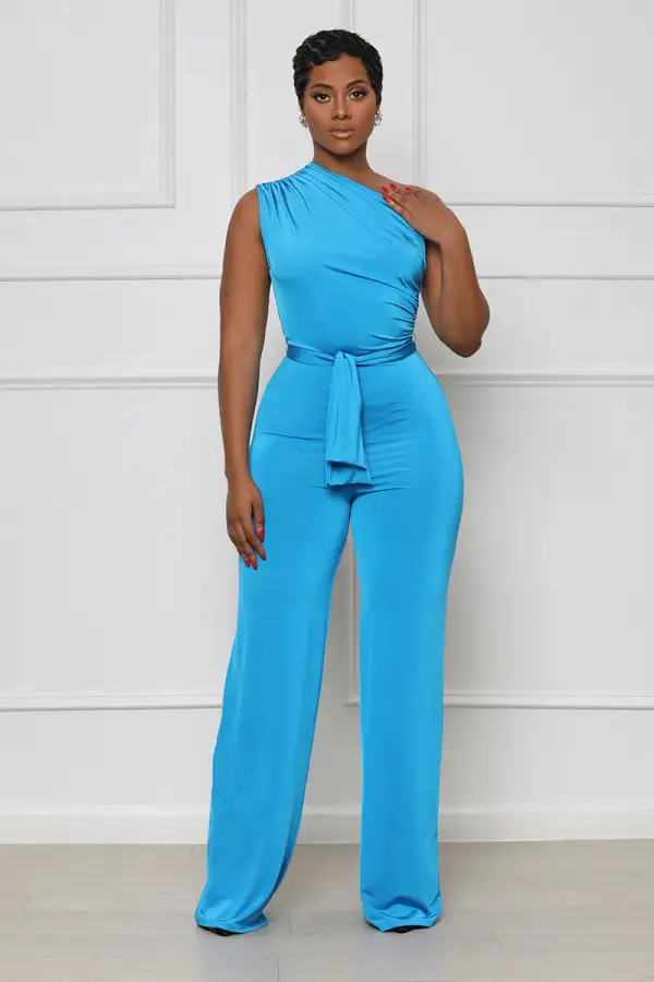 The Moment One Shoulder Jumpsuit (Aqua)-FINAL SALE