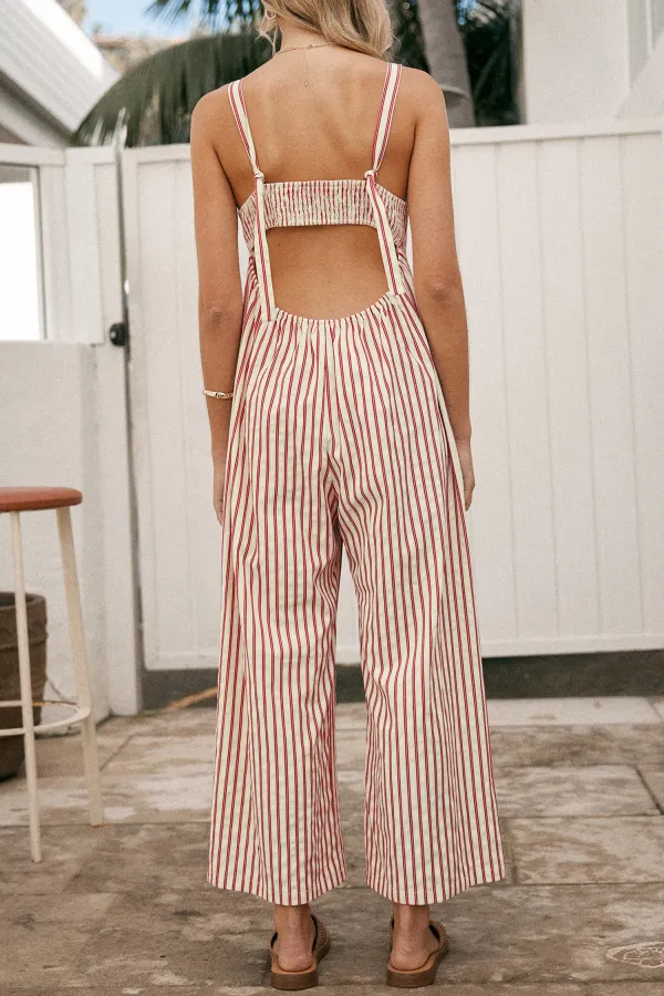 Striped Sleeveless V-Neck Wide Leg Jumpsuit