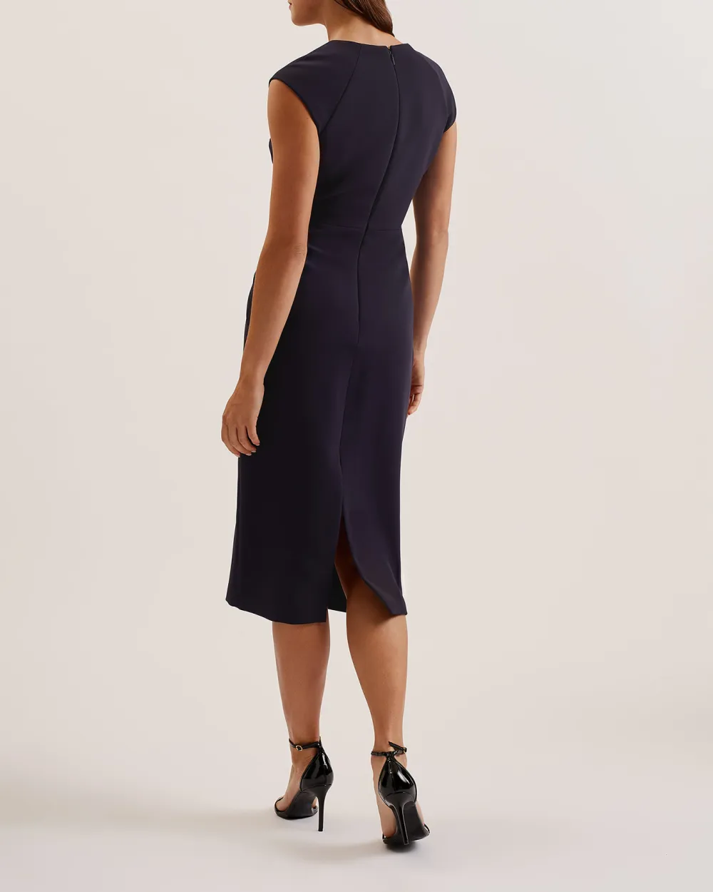 Bayree Asymmetric Folded Neckline Midi Dress Navy