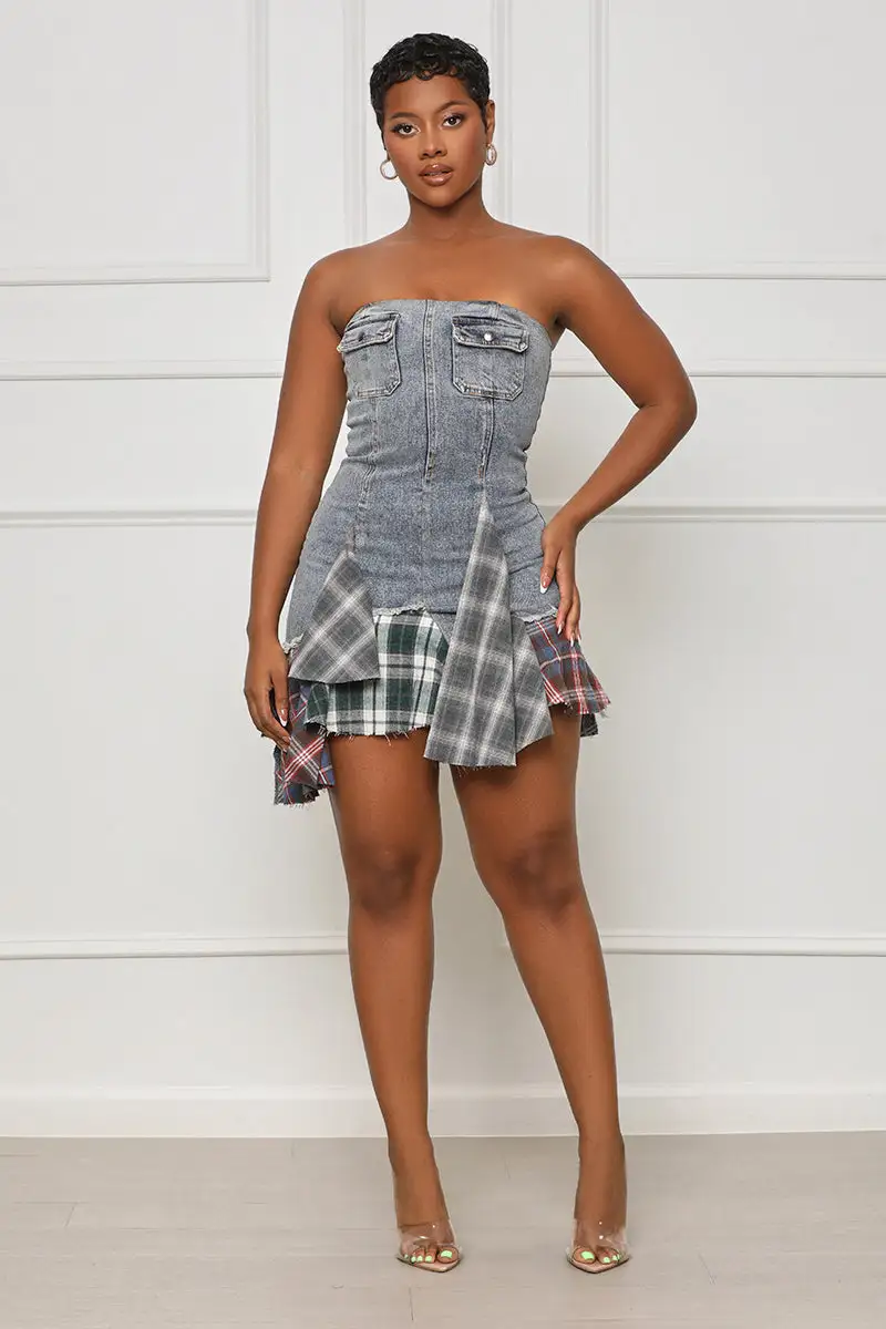 Meant For Me Denim Plaid Dress- FINAL SALE