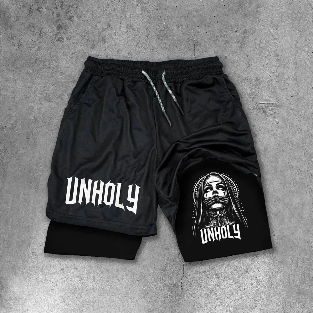 Unholy Nun Print Men's All-In-One Fitness Shorts
