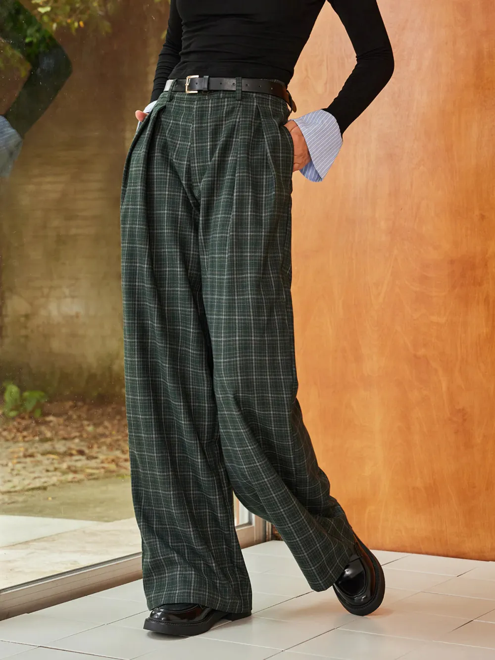 Plaid Wide-Leg High Waist Pants