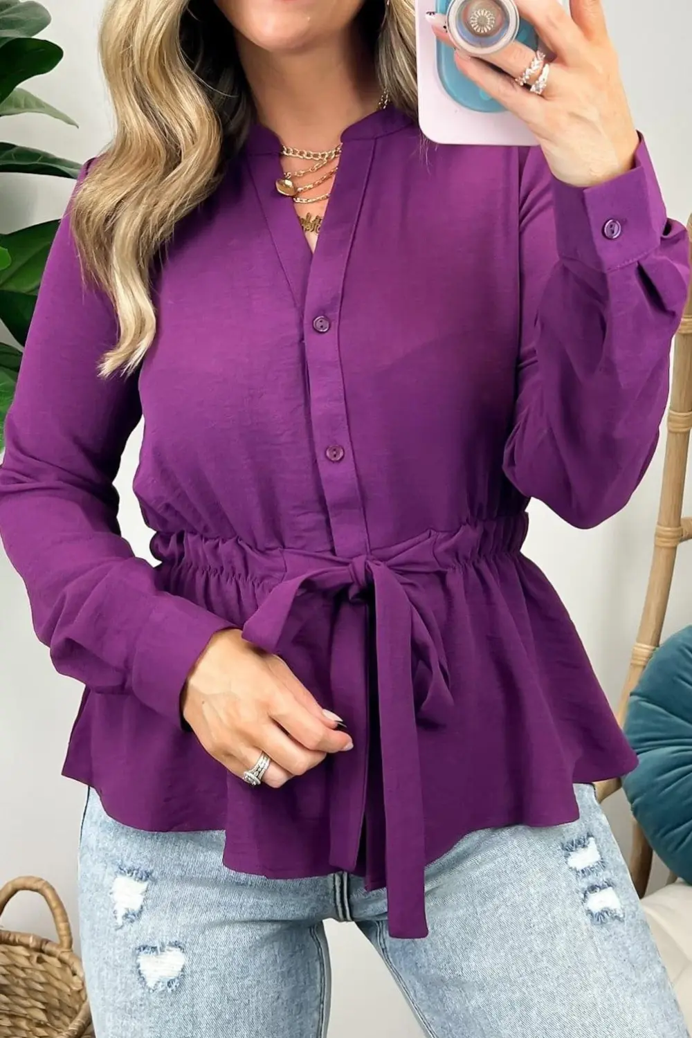 Long Sleeve Tie Waist Button Down Top