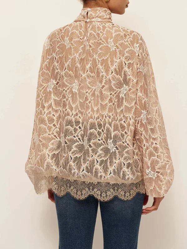 Lace Tie Neck Lantern Sleeve Blouse