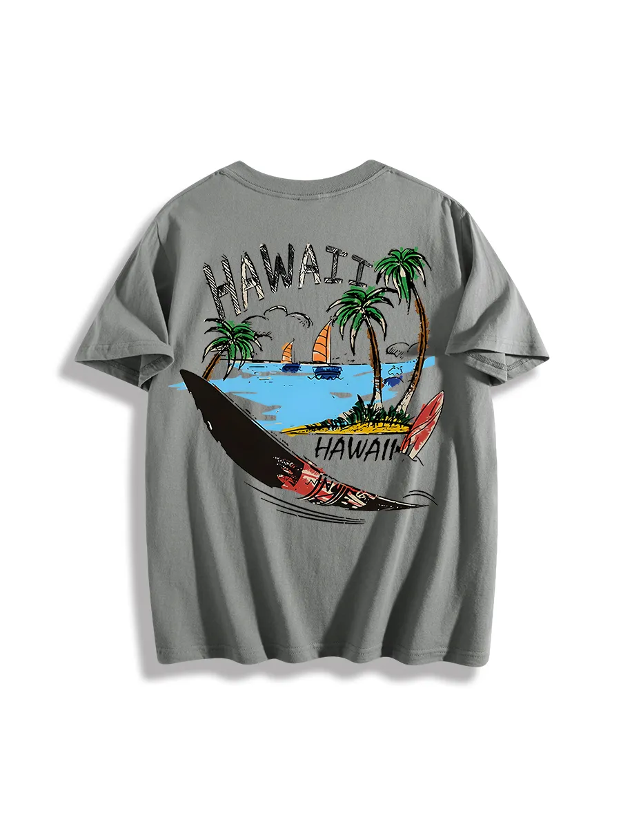 Men'S HAWAII Letter Palm Tree Boat Graphic Printed Vacation Short Sleeves T-Shirt