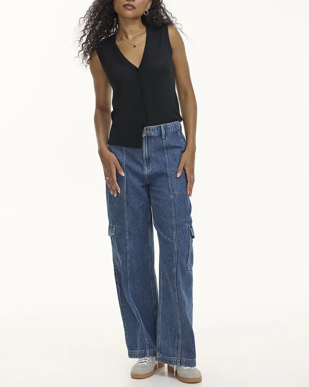 Wide-Leg High-Rise Cargo Denim Pant