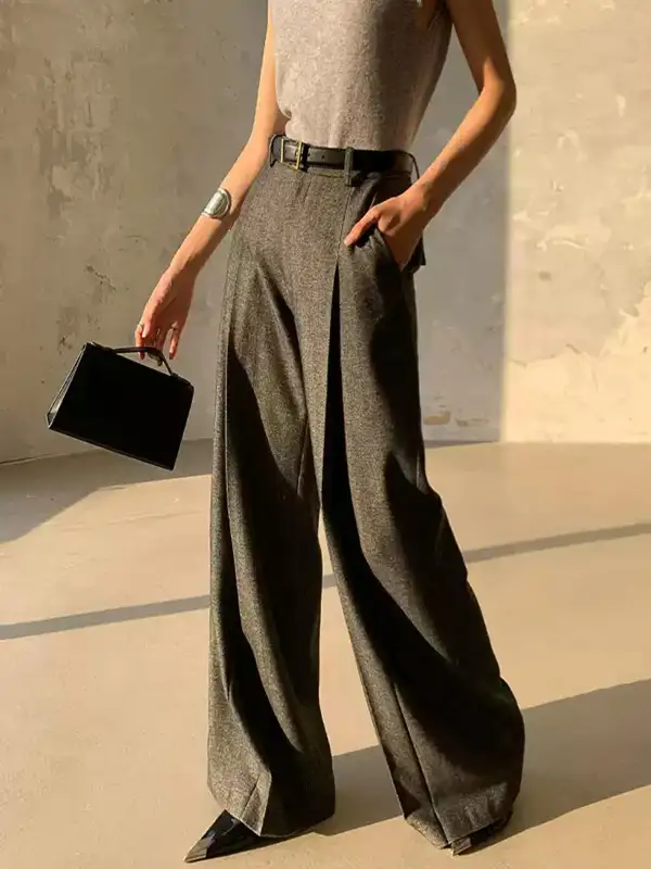 Pleated Detail Wide-Leg Pants Without Belt