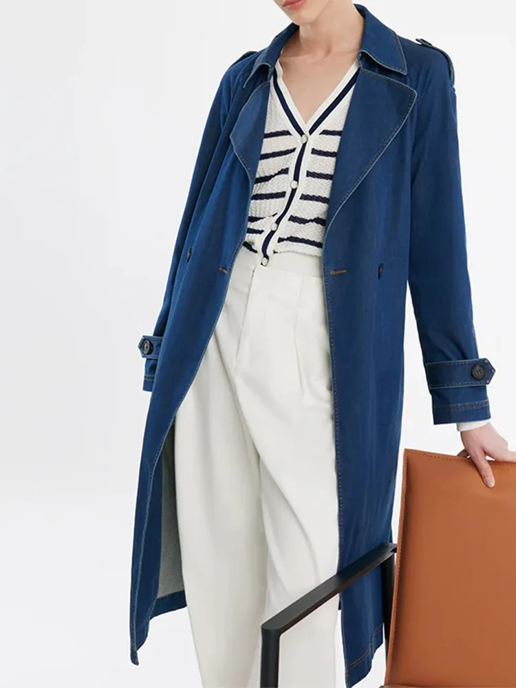 Denim Lapel Women Trench Coat With Belt