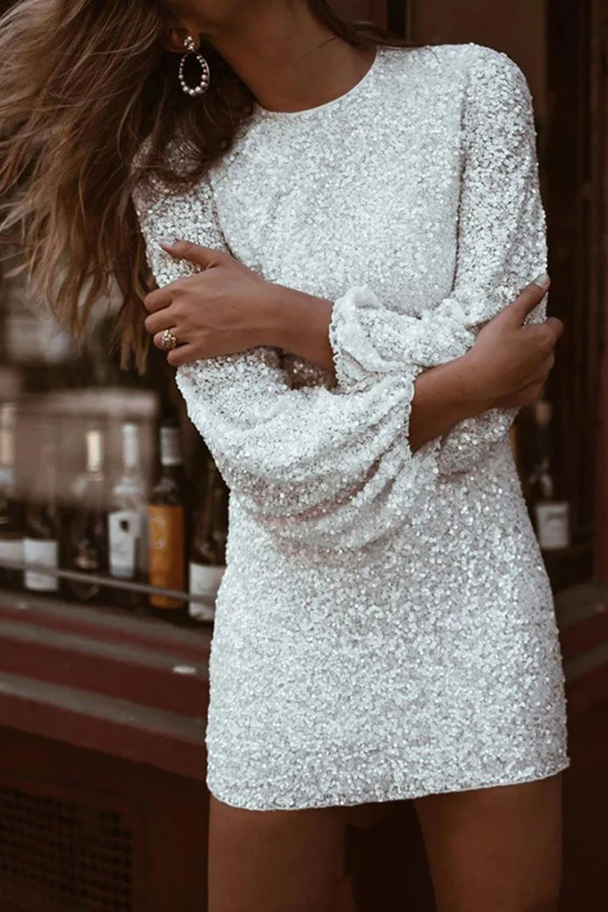 Sparkly Long Sleeve Round Neck Sequin Mini Dress - White