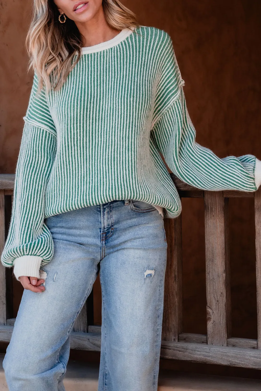 Green Striped Seam Detail Sweater