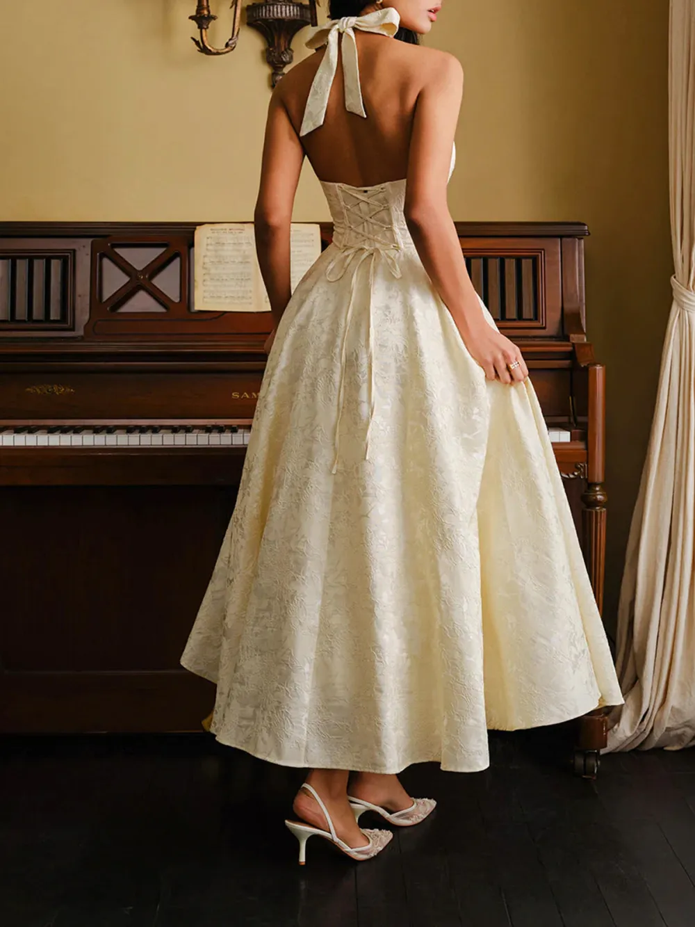 Textured Backless Halter Neck Dress