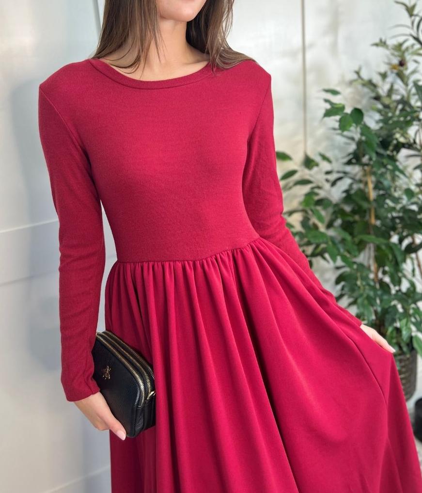 Red Knitted Bodice Midi Dress