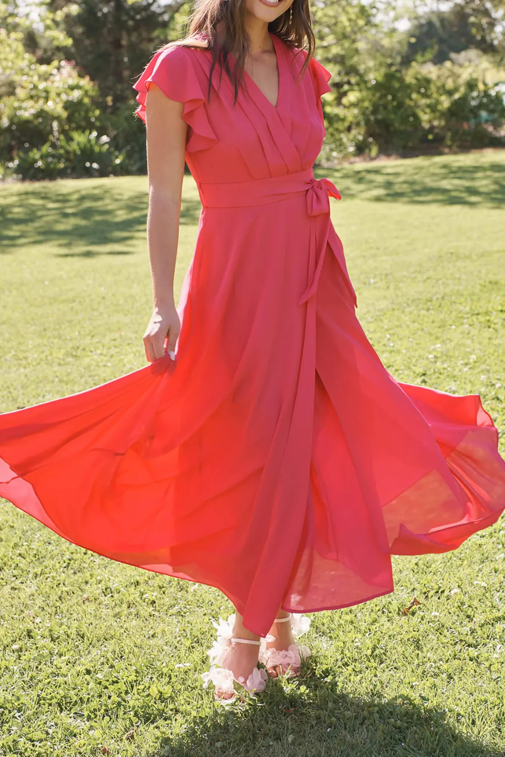 Fuchsia Ruffled Sleeve Wrap Style Maxi Dress