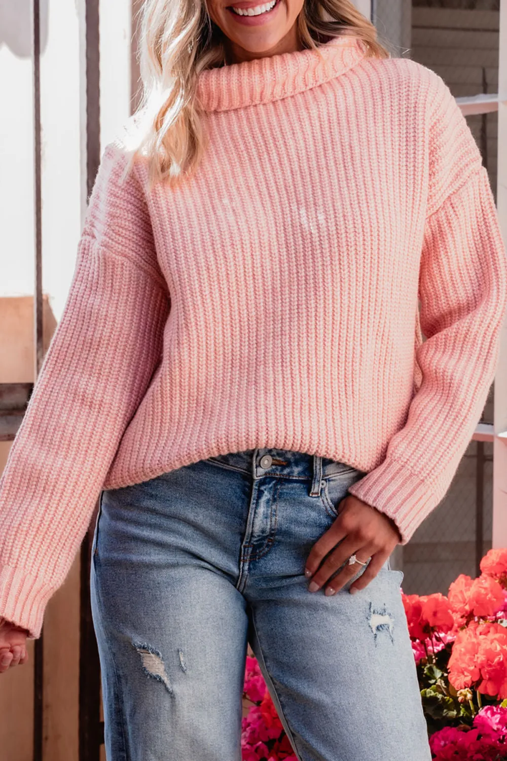 Chunky Pink Ribbed Turtleneck Sweater