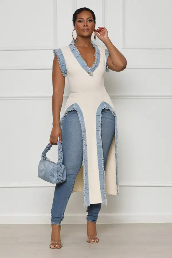 Breaking The Rules Denim Midi Top (Ivory Multi)