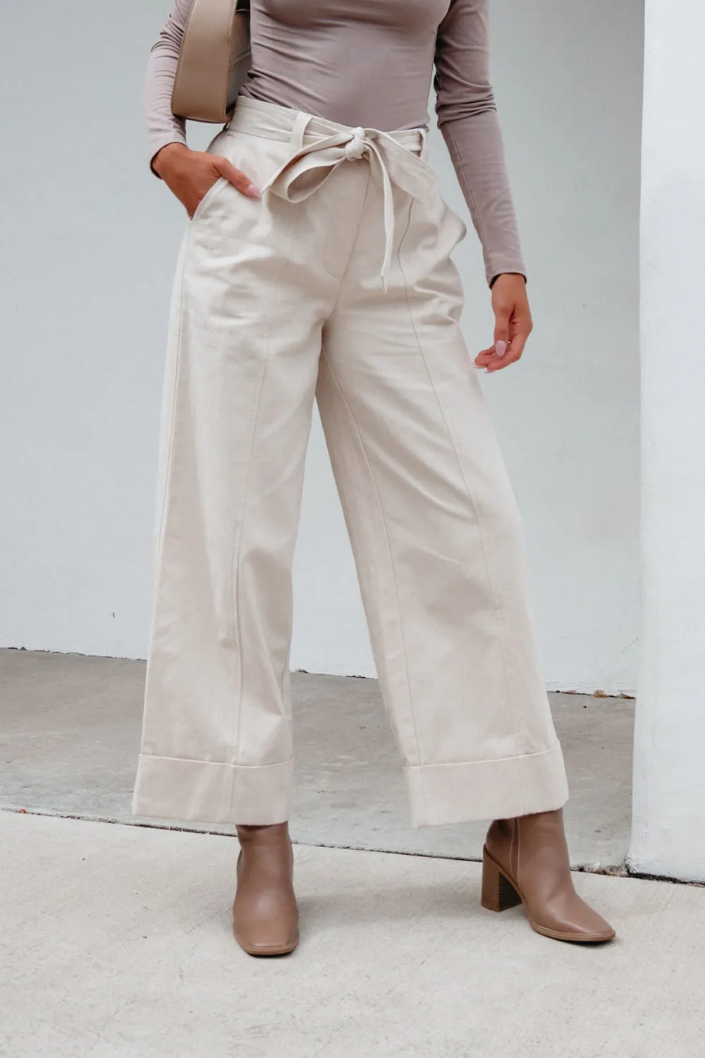 Belted Wide Leg Cuffed Pants - Natural