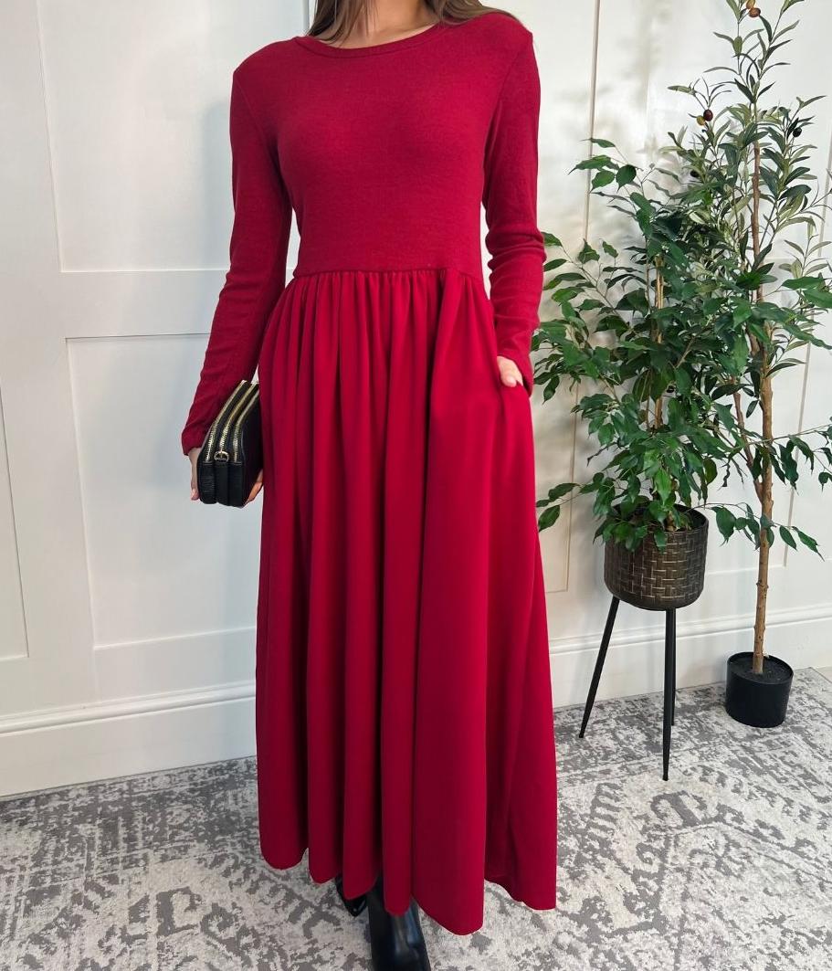 Red Knitted Bodice Midi Dress