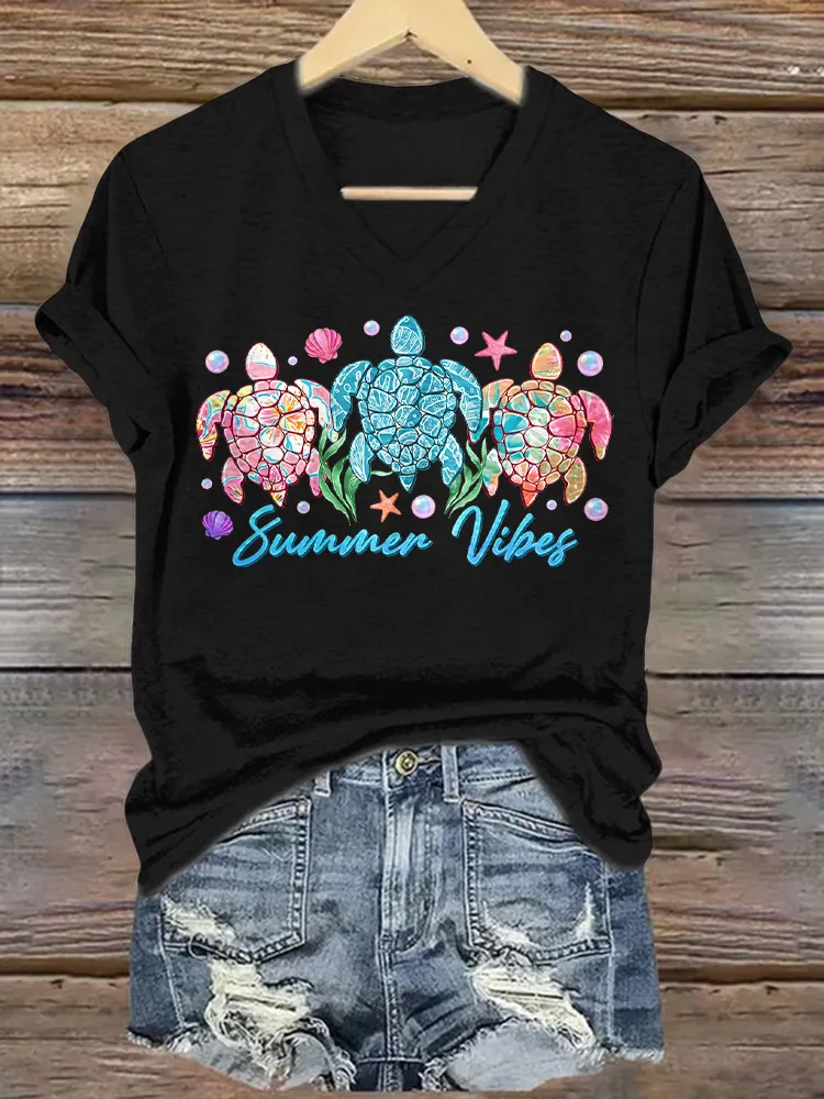 Women's Summer Vibes Short Sleeves V-Neck Pure Cotton T-Shirt