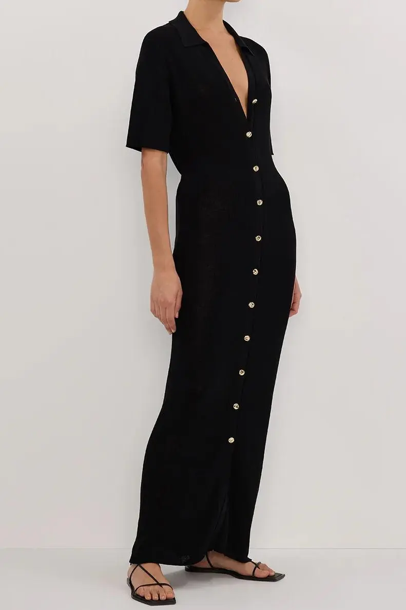 LIAM BLACK KNIT POLO MAXI DRESS