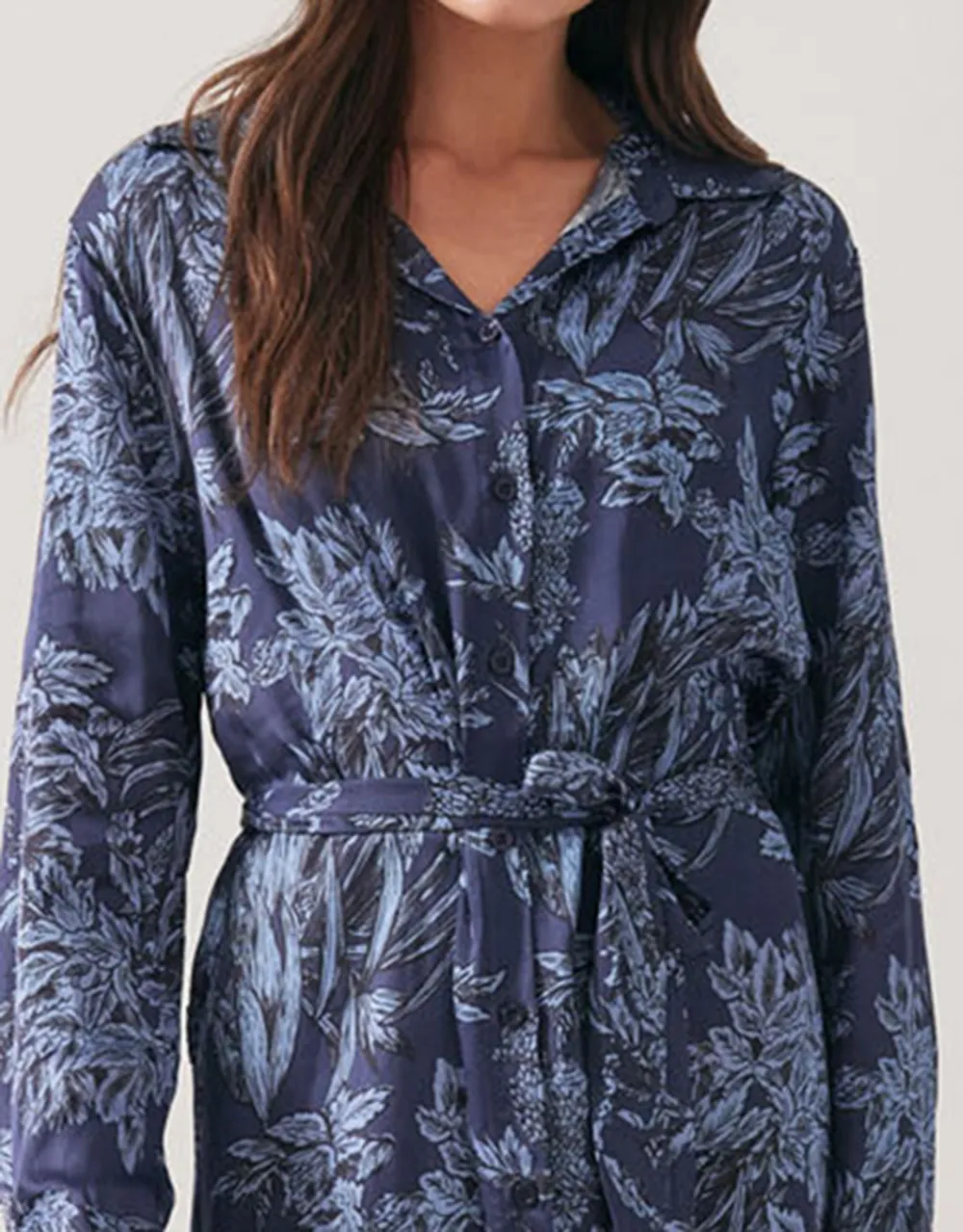 Botanic Print Midi Shirt Dress - Navy