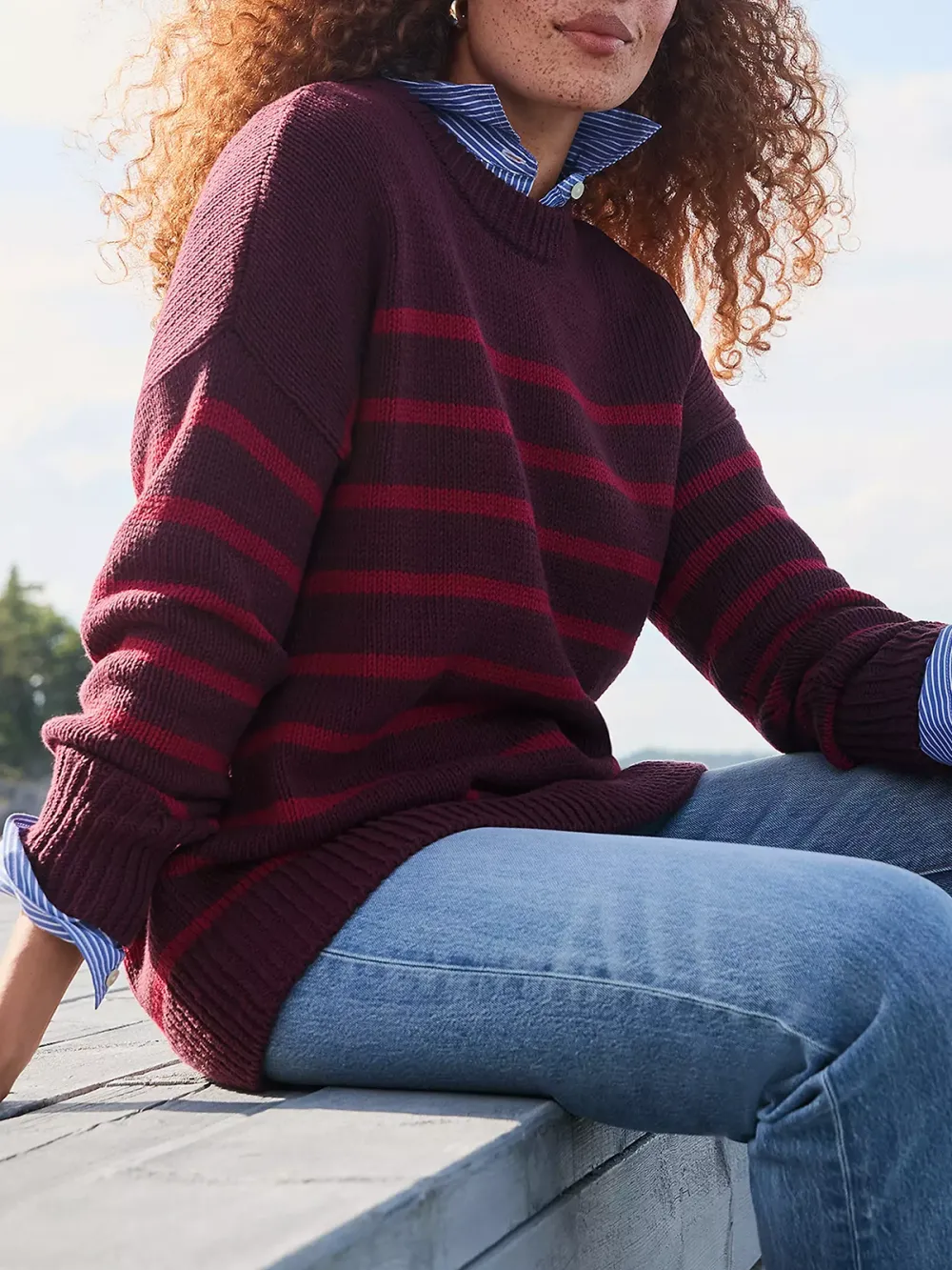 Striped Rib Trim Tunic Sweater