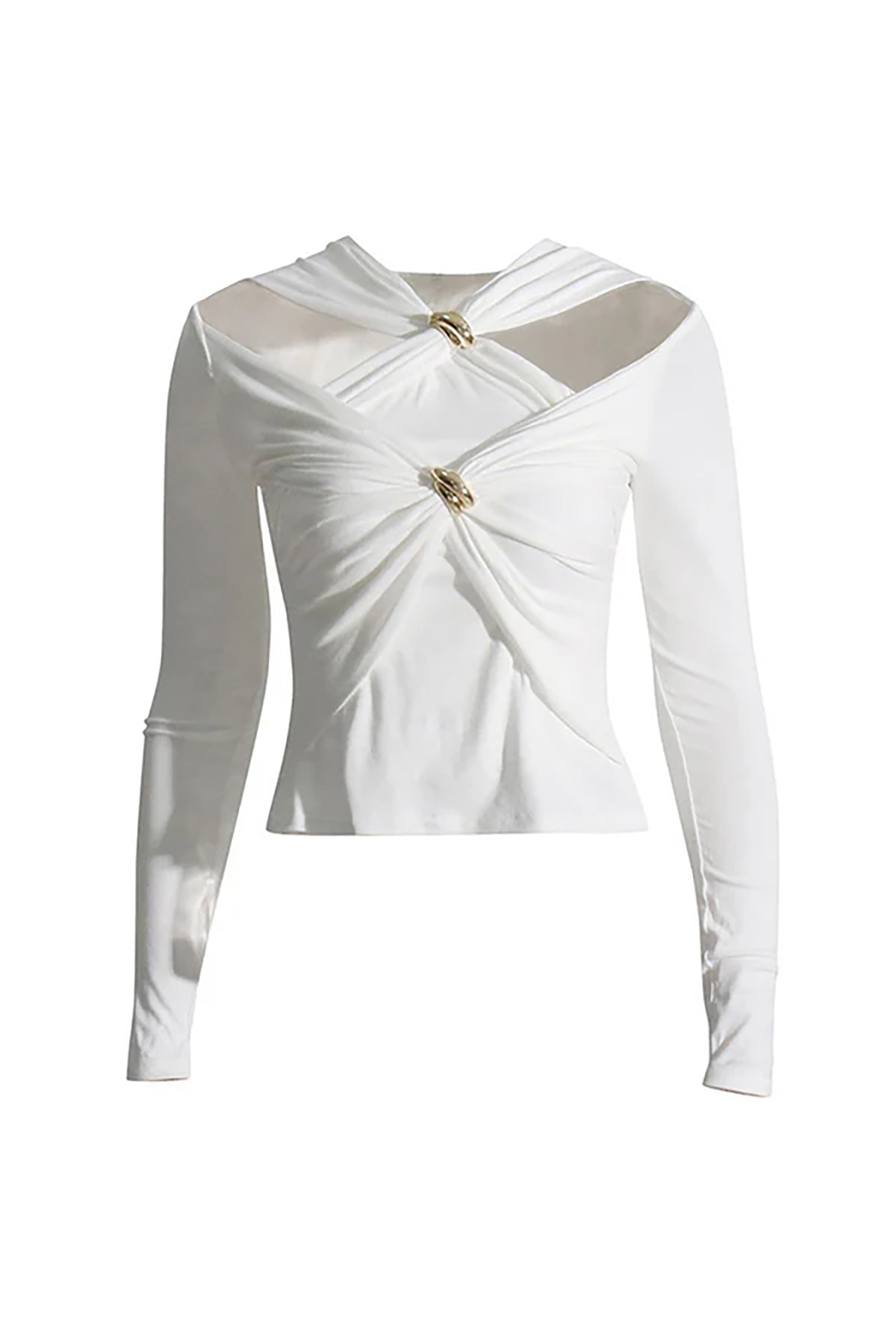 Classy Metallic Trim Twist Cutout Long Sleeve Ruched Crop Jersey T Shirt