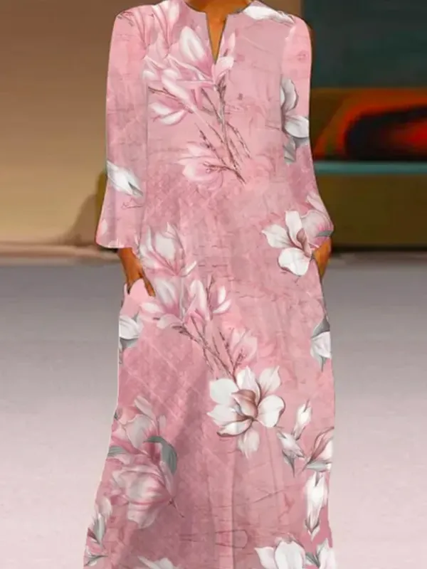 Women Floral Notched Long Sleeve Comfy Casual Maxi Dress