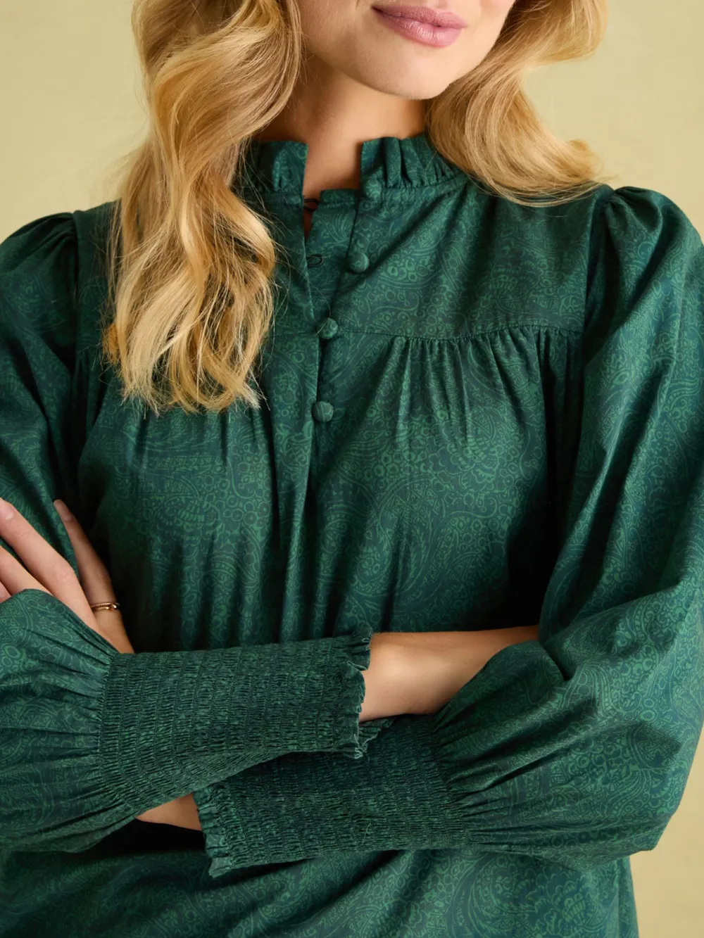 Green Paisley Cotton Frill Neck Blouse