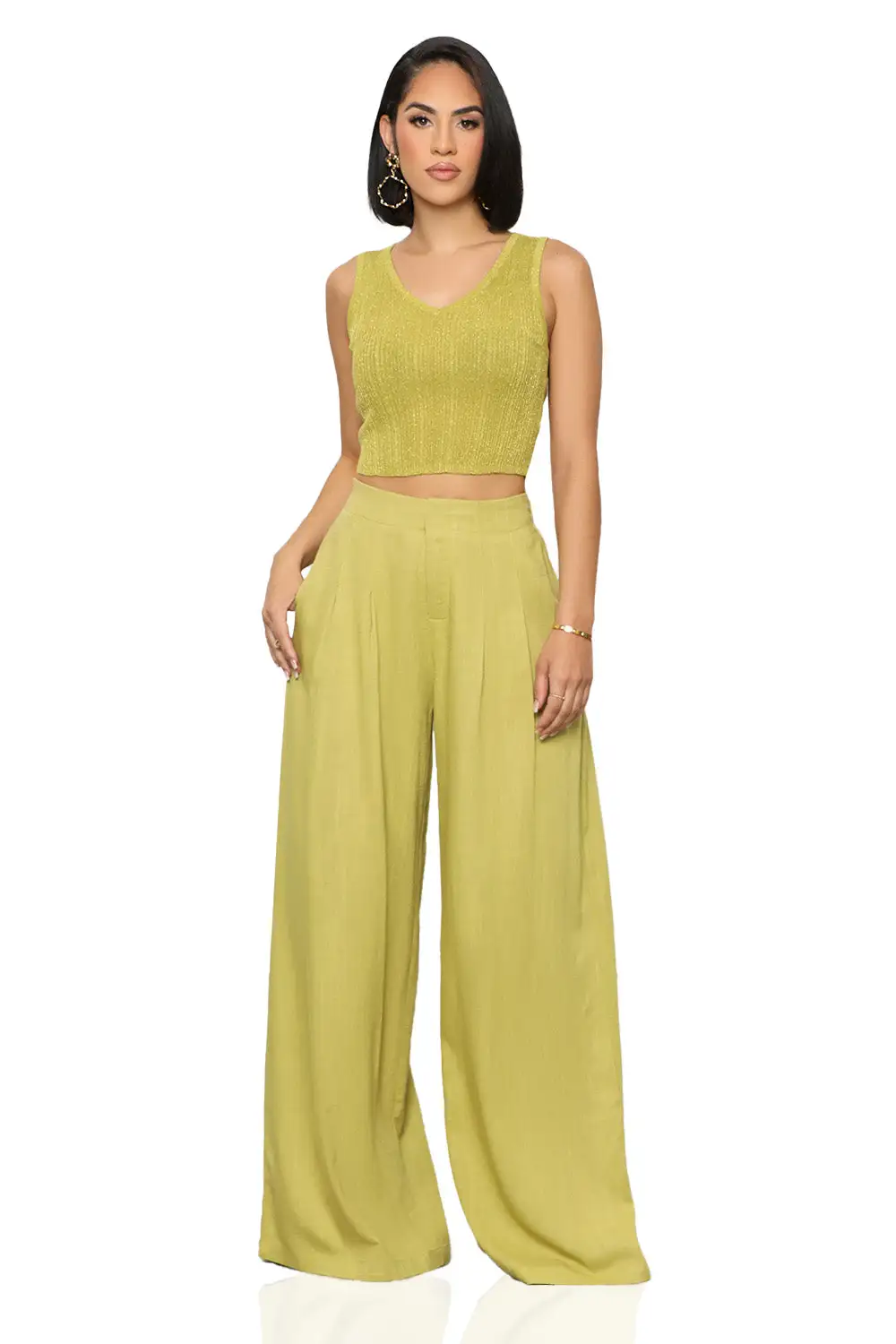 On The Go Linen Pants Set (Lime)