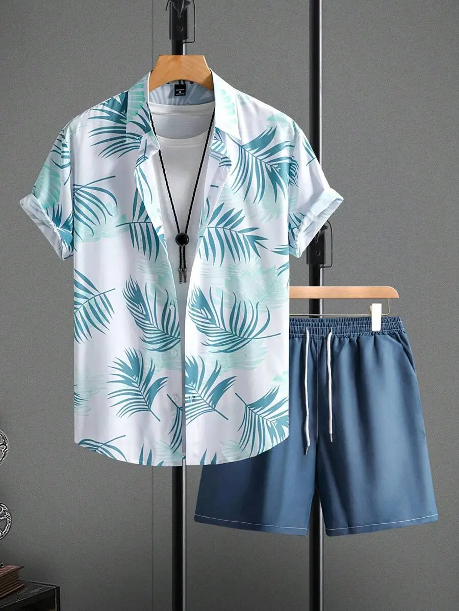 2pcs Men's Floral Print Shirt And  Pocket Shorts Set Men Summer Outfits