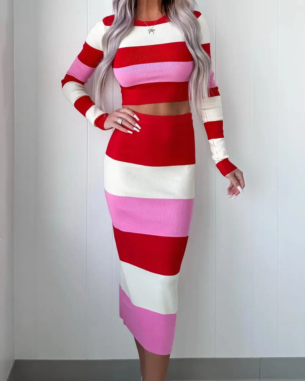 Charmed By Love Striped Skirt Set - Red Combo