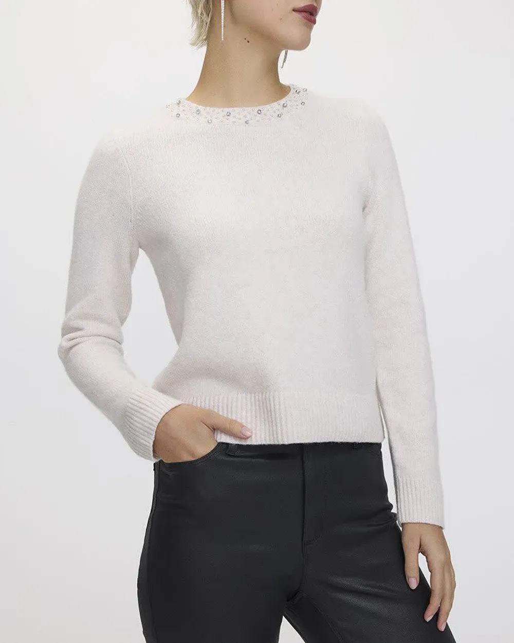 Long-Sleeve Sweater with Jewelled Crew Neckline