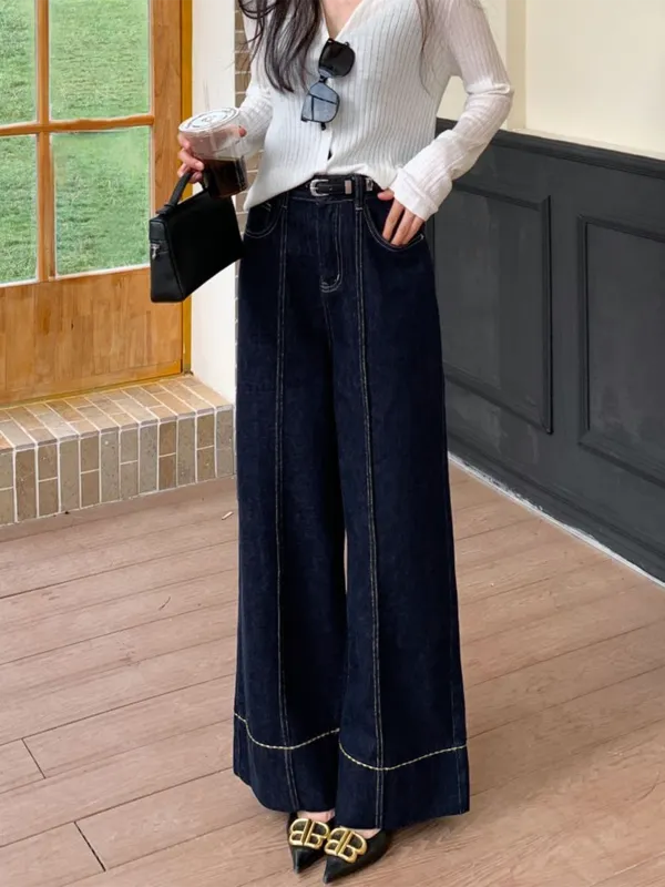 Plain Wide-Leg Jeans With Pockets