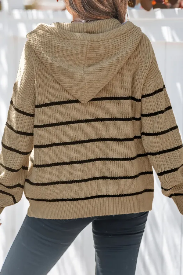 Khaki & Black Striped Hooded Long Sleeve Sweater