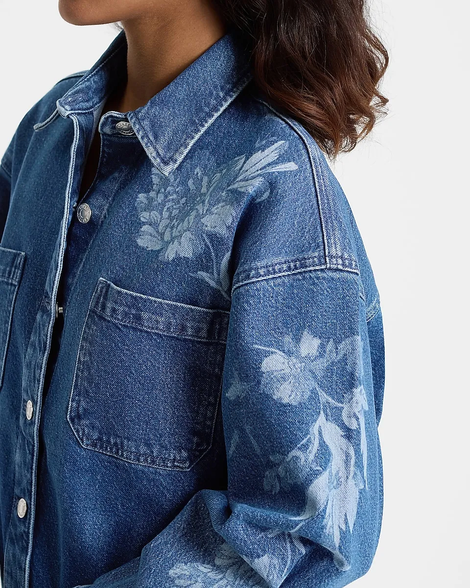 Floral Double Pocket Denim Shacket