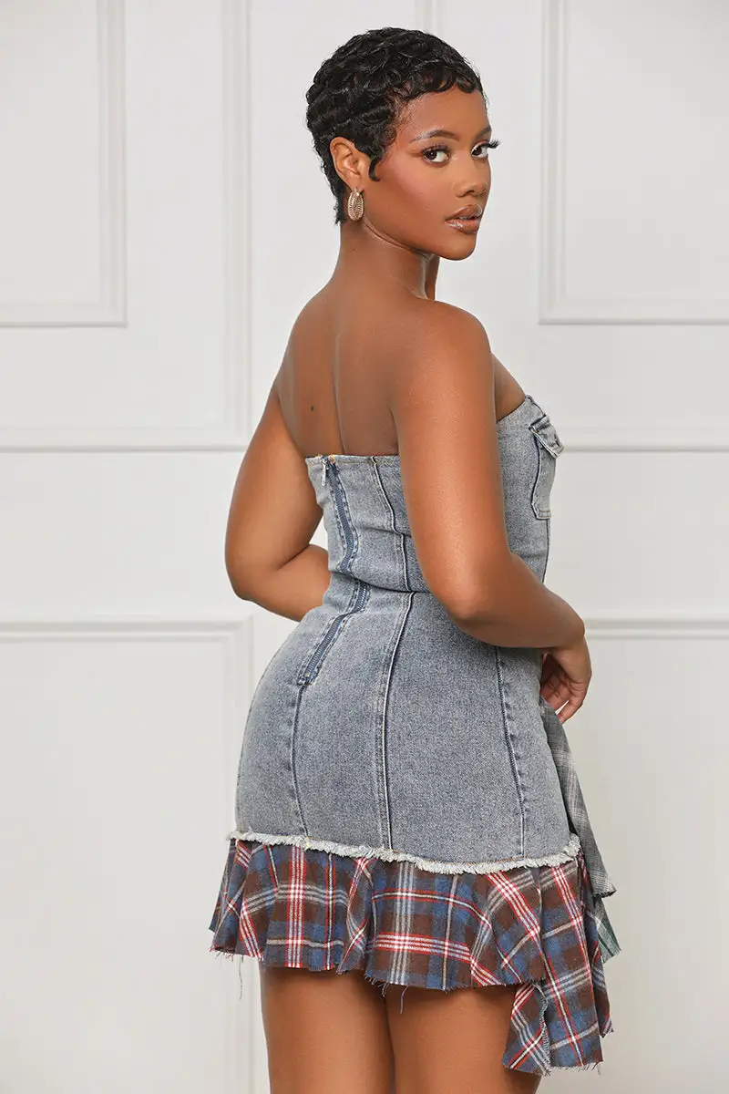 Meant For Me Denim Plaid Dress- FINAL SALE