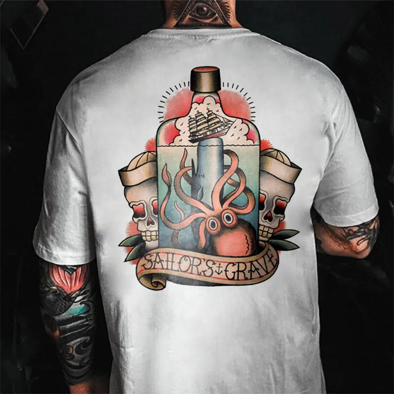 Octopus Skull Lettering Retro Print T-shirt