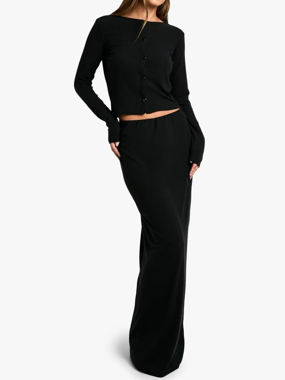 SOFT RIB BUTTON THROUGH LONG SLEEVE TOP AND MAXI SKIRT