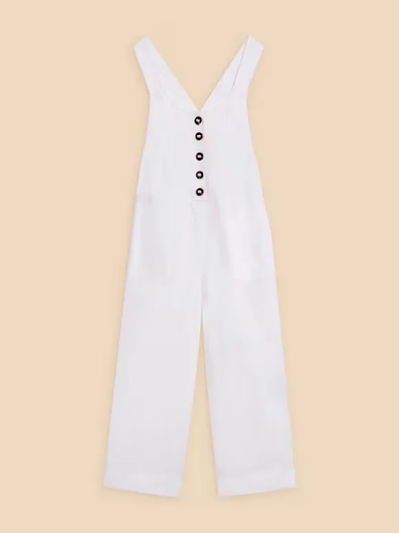 Crop Linen Dungaree In Natural White