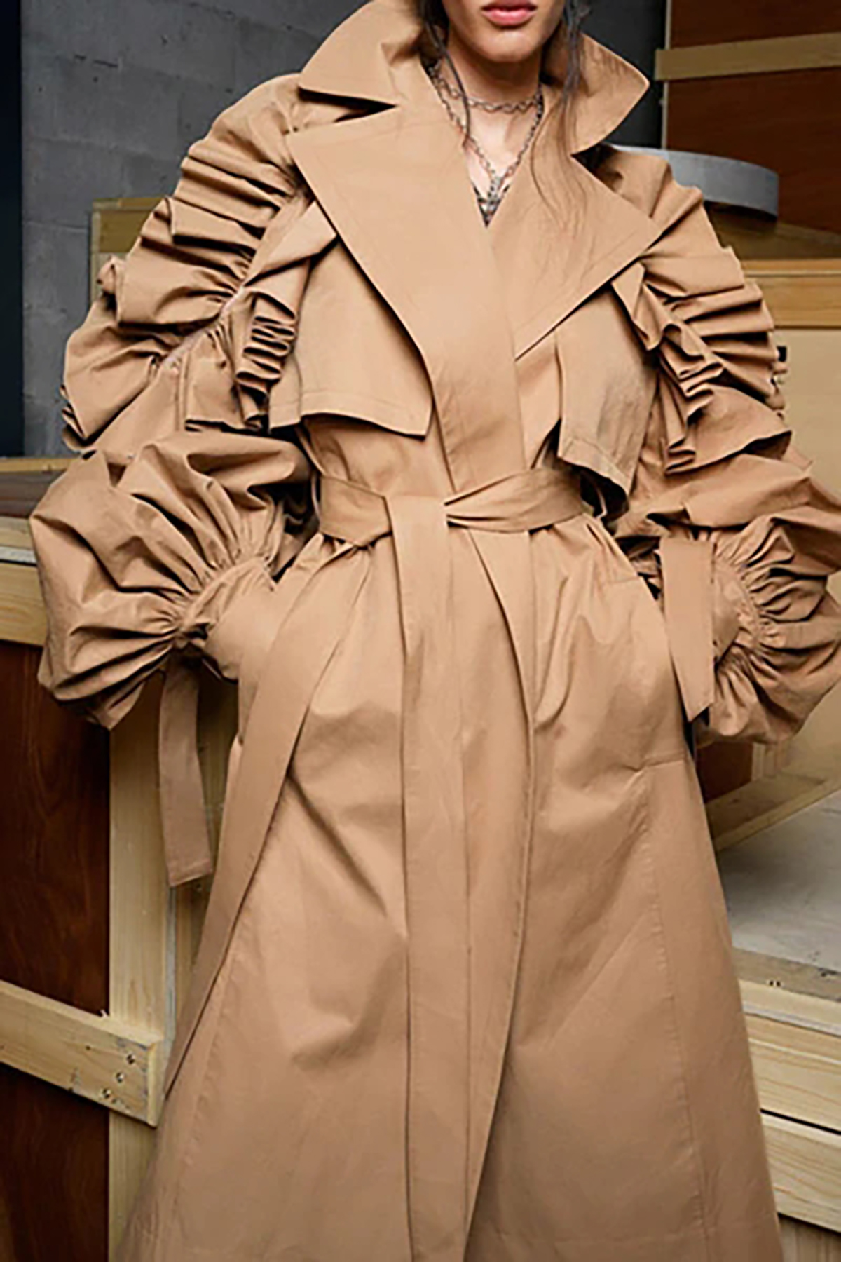 Elegant Puff Sleeve Button Front Belted Cinch Waist Ruffle Trench Coat