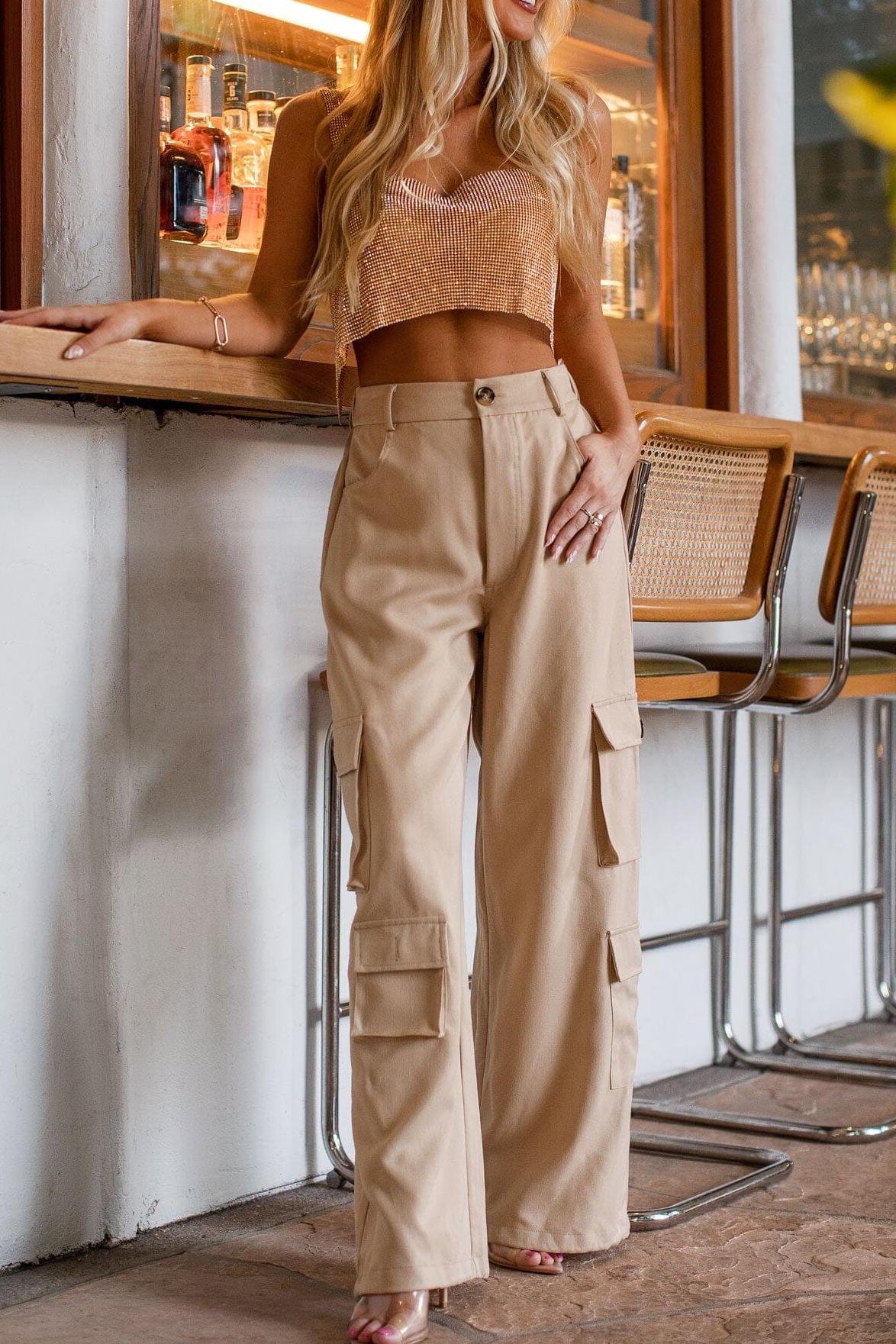 Khaki Casual Loose Wide Leg Work Pants