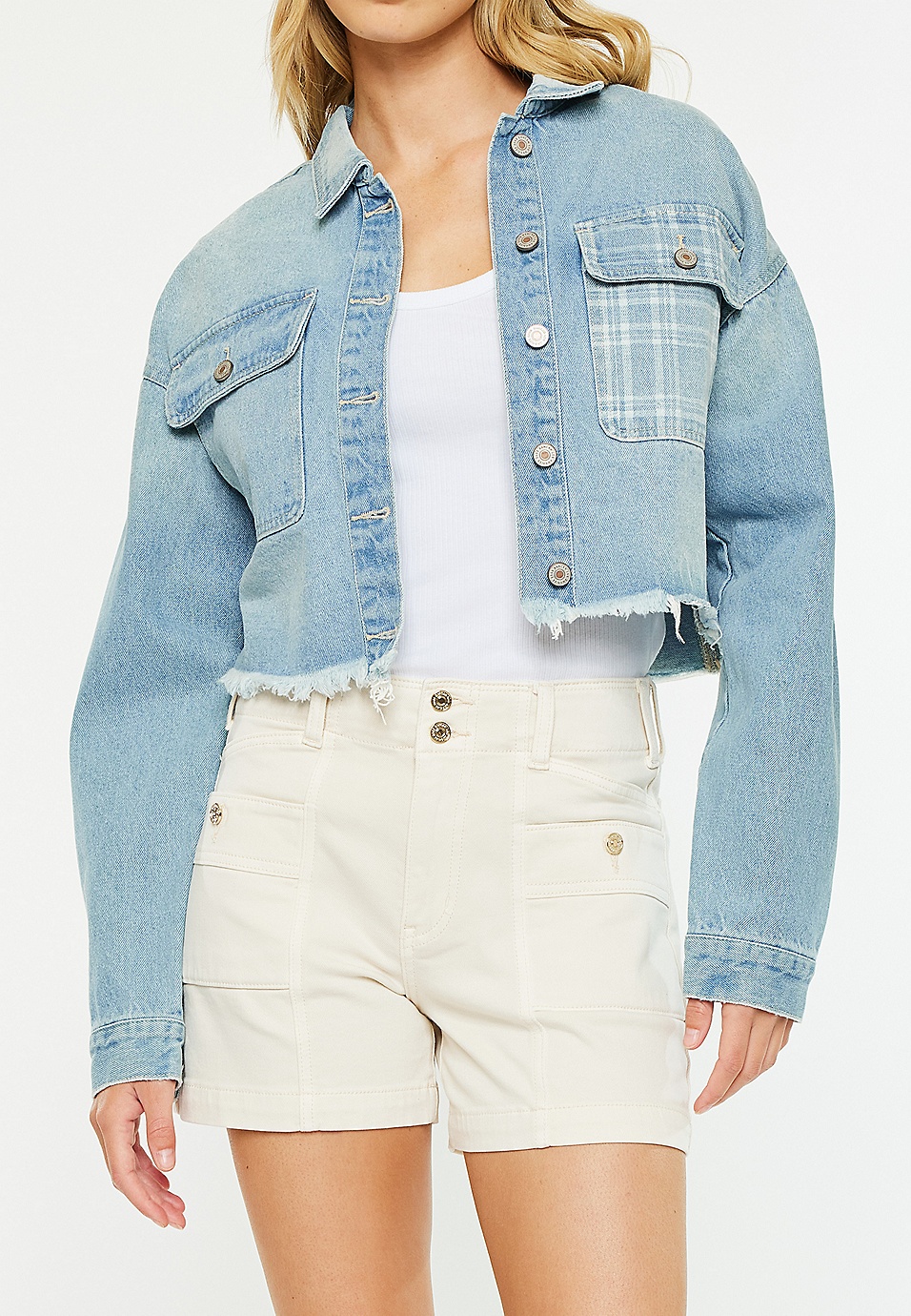 KanCan Rigid Plaid Drop Shoulder Crop Jacket