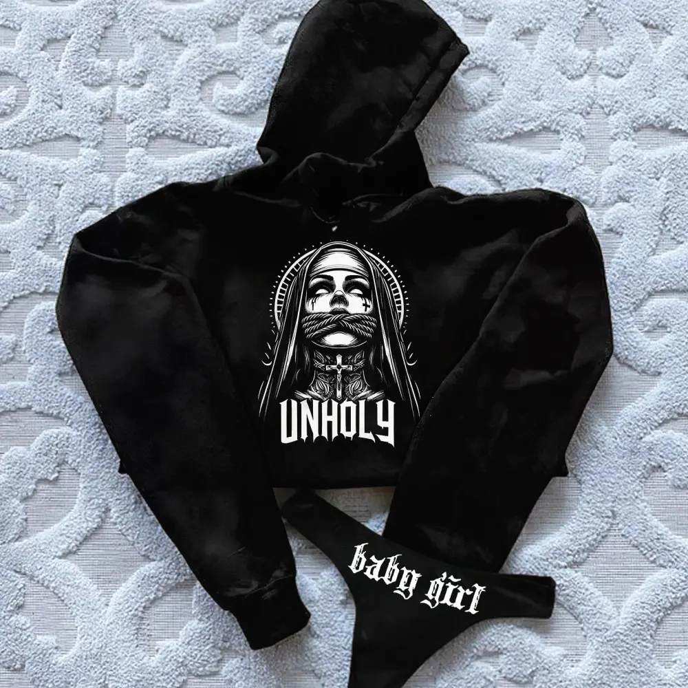 Unholy Nun Printed Women's Cropped Hoodie & Thong Sets