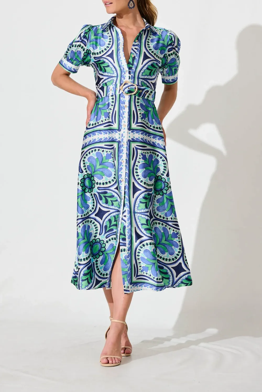 Blue Green Patterned Belted Midi Dress
