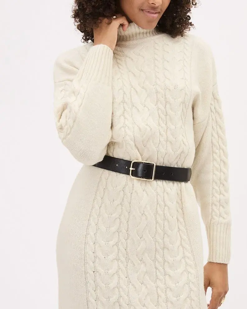 Long-Sleeve Turtle-Neck Straight Midi Dress With Cable Stitches