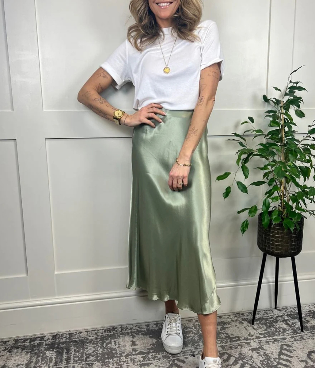 Green Satin Midi Slip Skirt