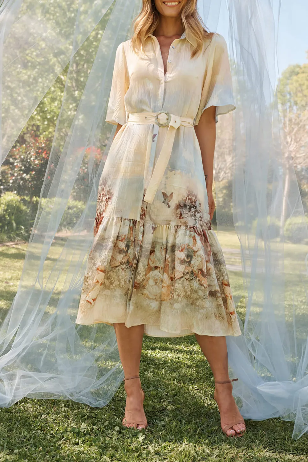 Beige Printed Tiered Shirt Midi Dress